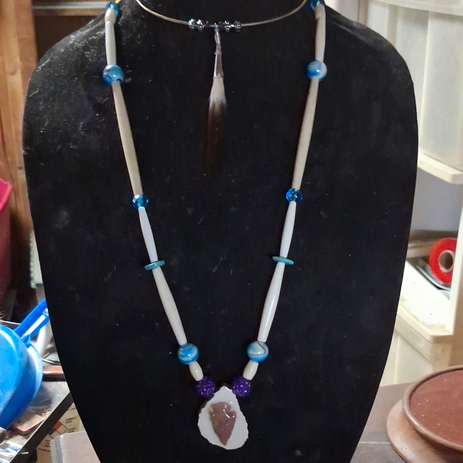 Beaded Charm Pendant Necklace Handcrafted Blue Purple White Brown Unisex Adults