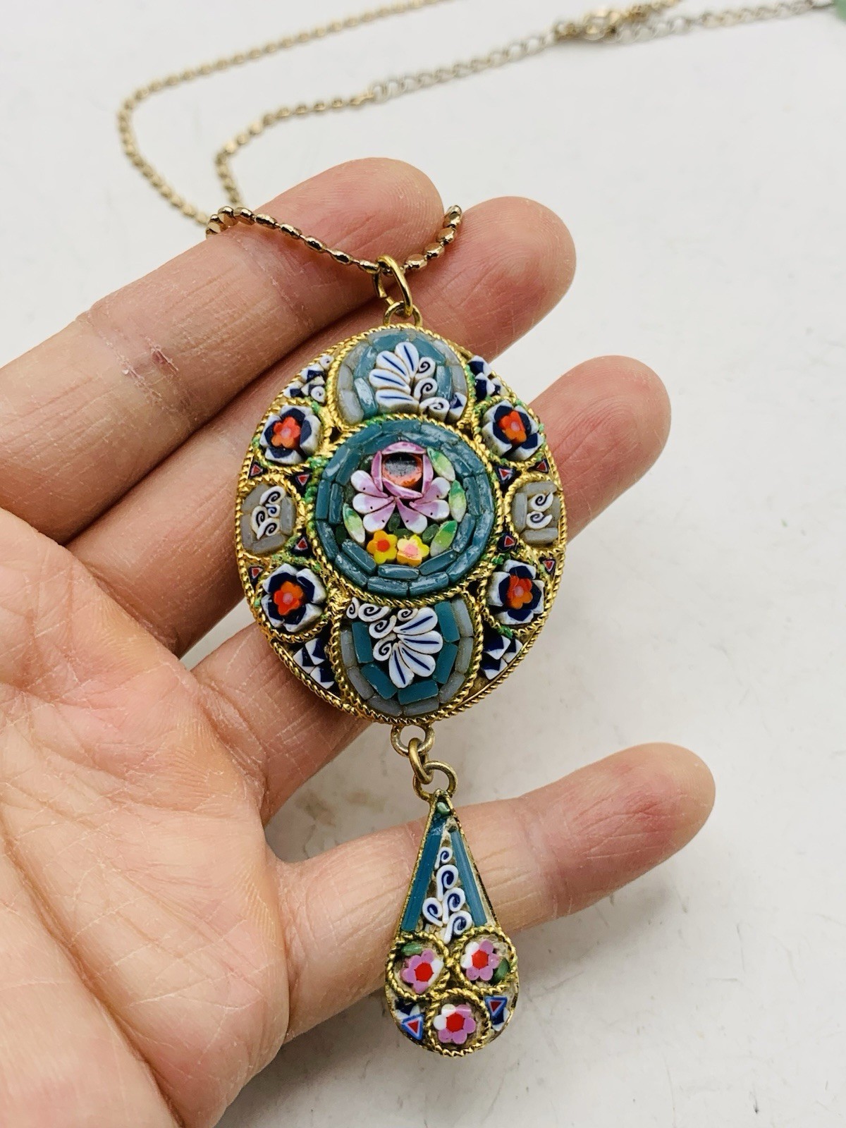 Vintage Colorful Boho Italian Micro mosaic Millefiori Floral Gold Tone Necklace