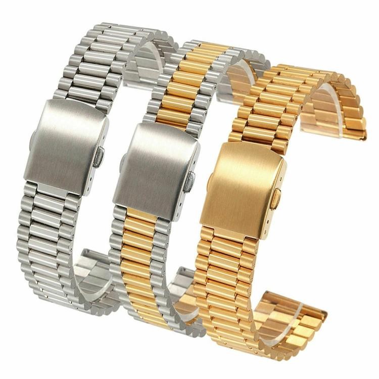 12-20mm 3Rows Slim Metal Watch Band Safe Secure Clasp Stainless Steel Link Strap