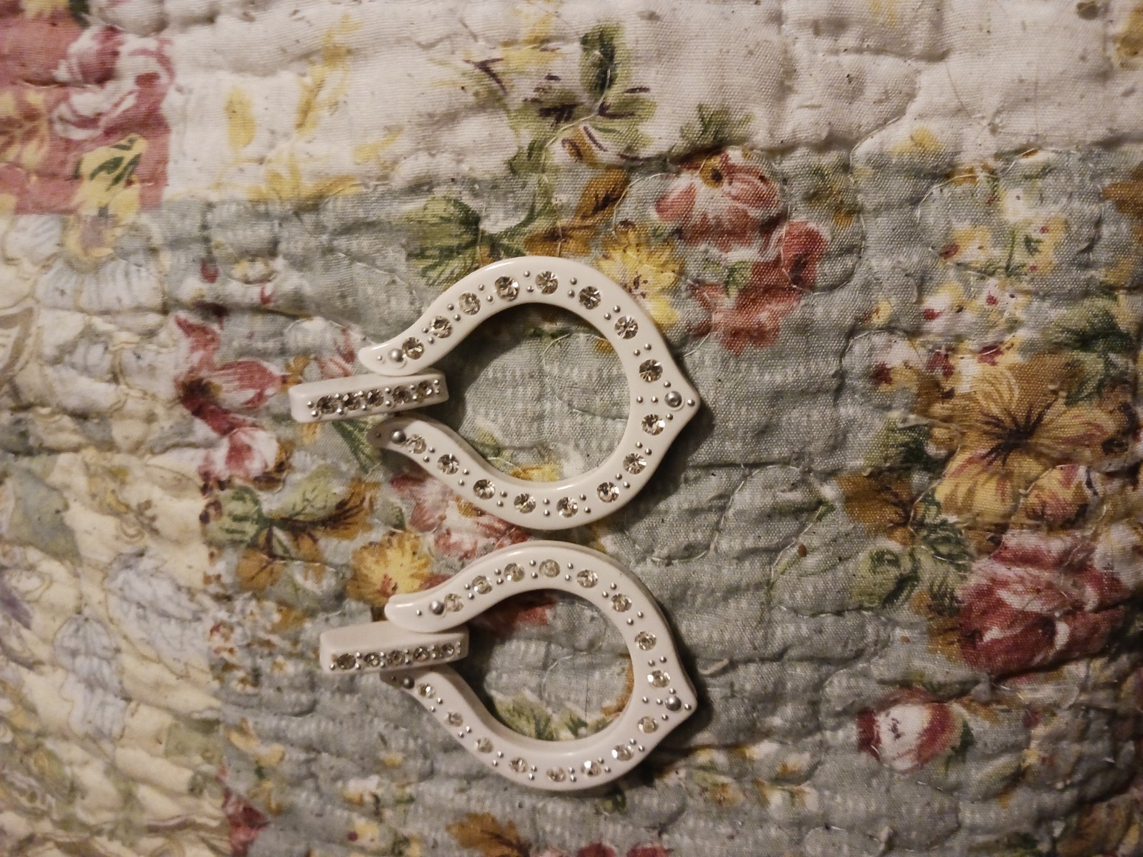 Vintage COCOTAY White Resin Crystal Horseshoe Door Knocker Statement Earrings