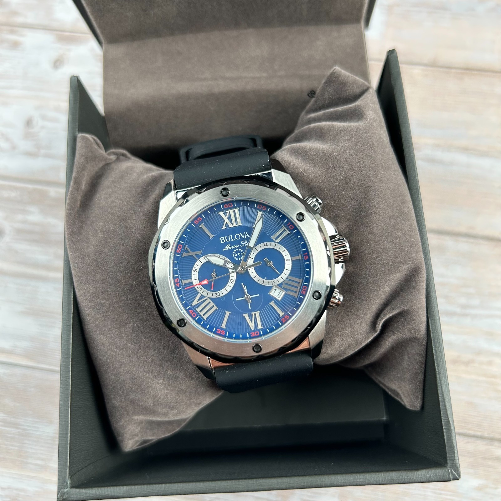 Bulova Marine Star A 98B258 Blue Dial Black Silicone Strap Men’s Quartz Watch