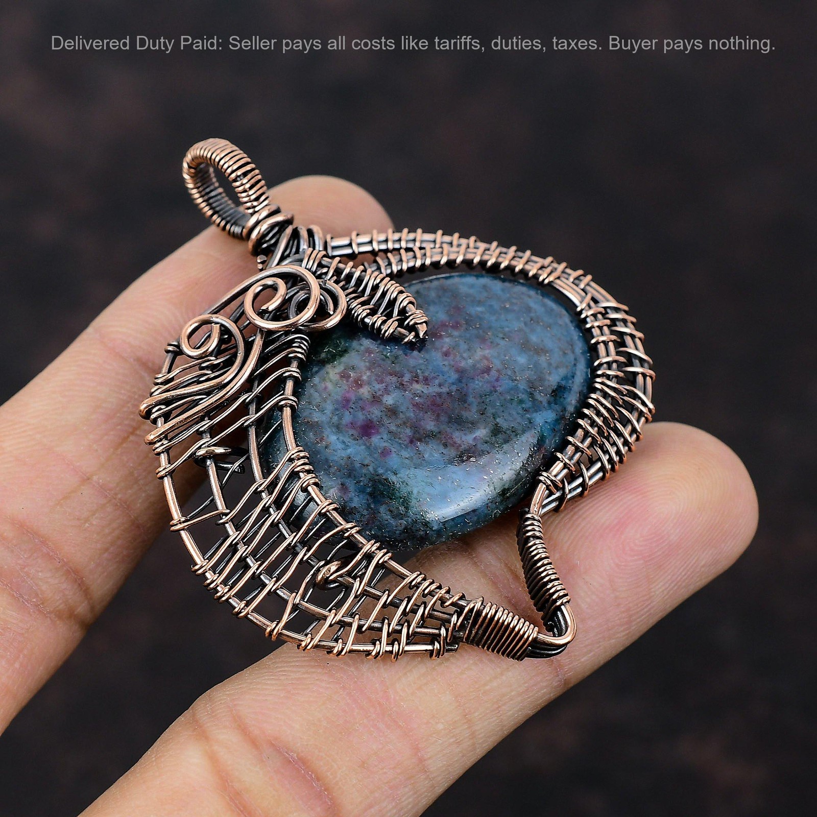 Ruby In Blue Kyanite Gemstone Copper Wire Wrapped Birthday Wife Pendant Jewelry