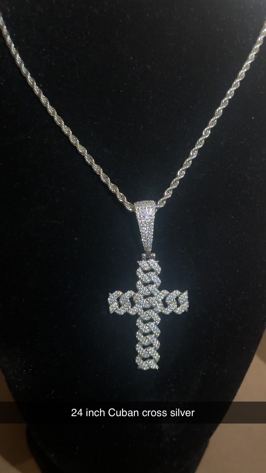 Cuban Style cross white gold plated stainless cubic with 24 inch rope chain