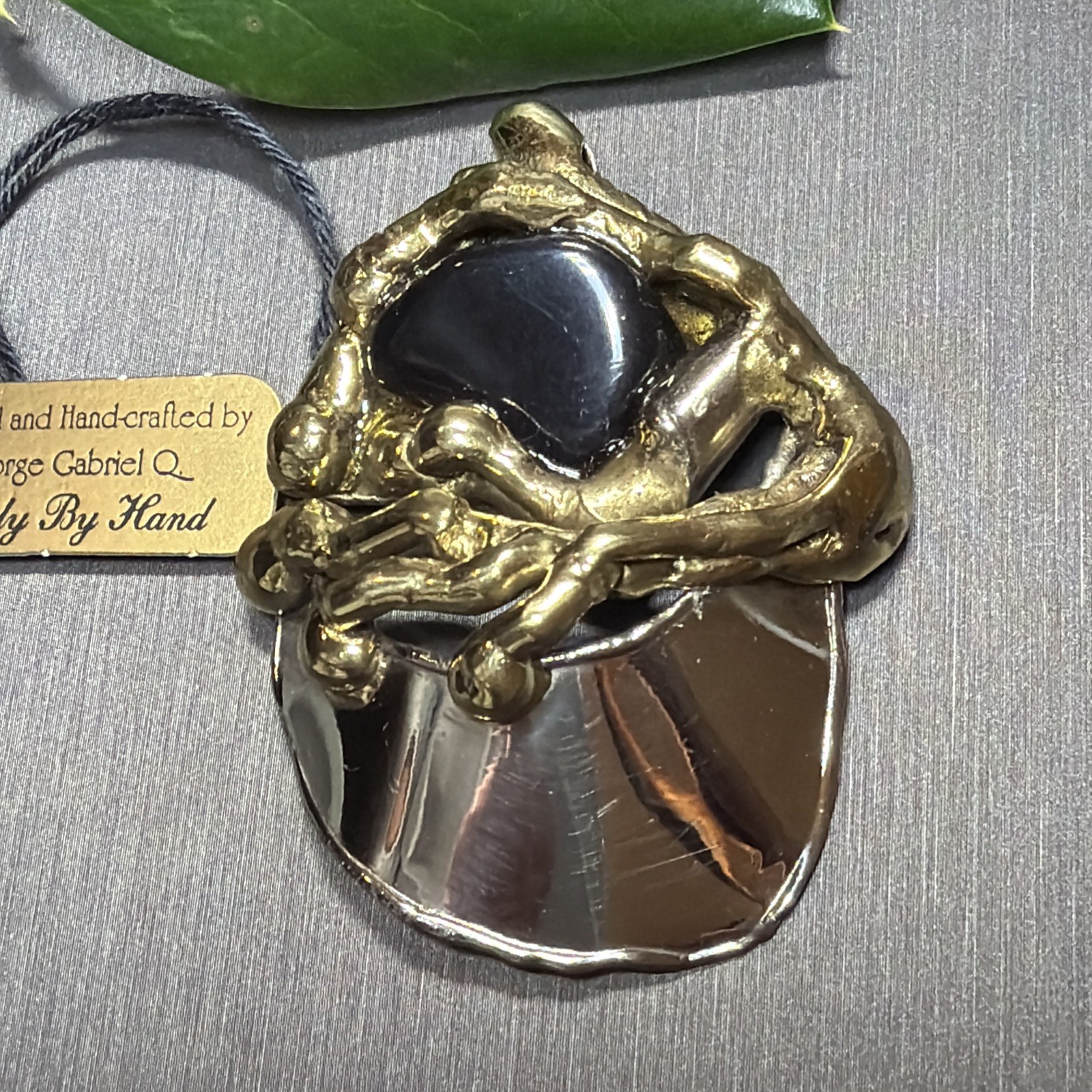 Vintage George Gabriel Mixed Metal Brooch Gold Silver Copper Onyx Gem Modernist