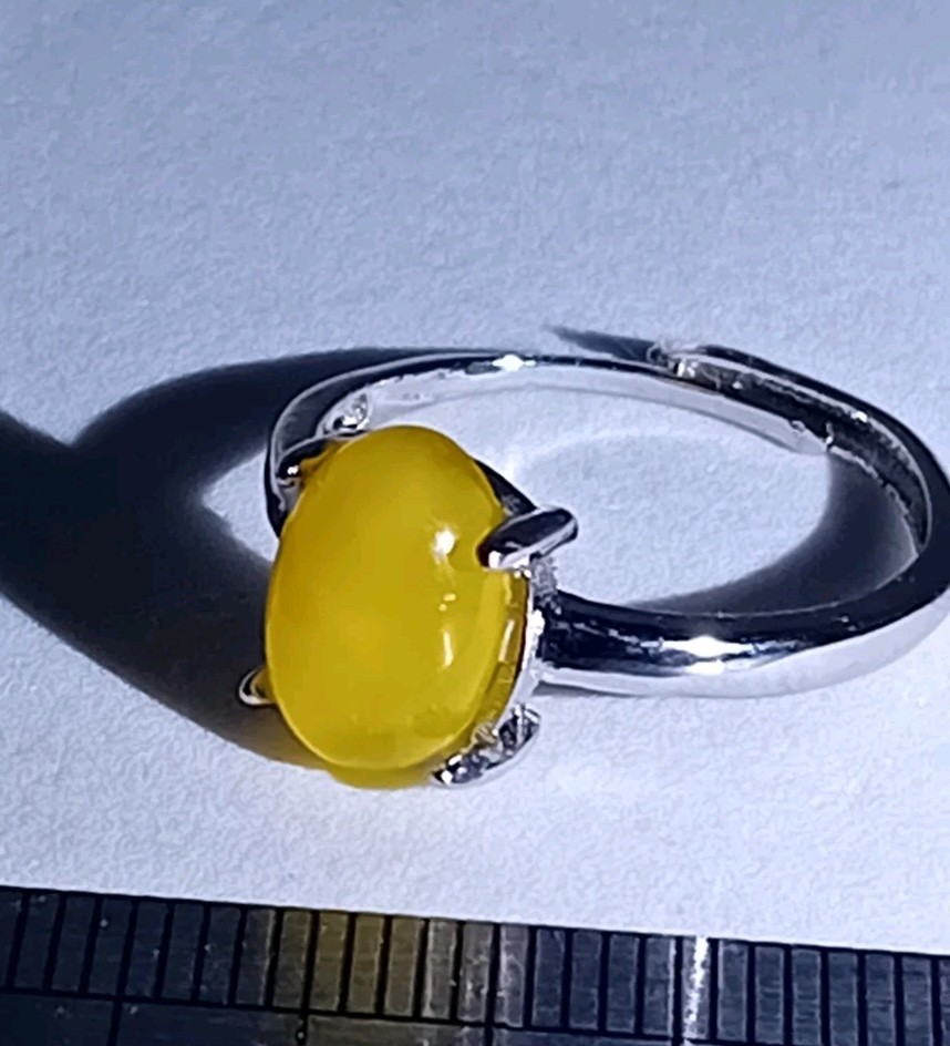 Honey Yellow Amber Crystal Gemstone Ring Adjustable Silver Tone Plated Simple