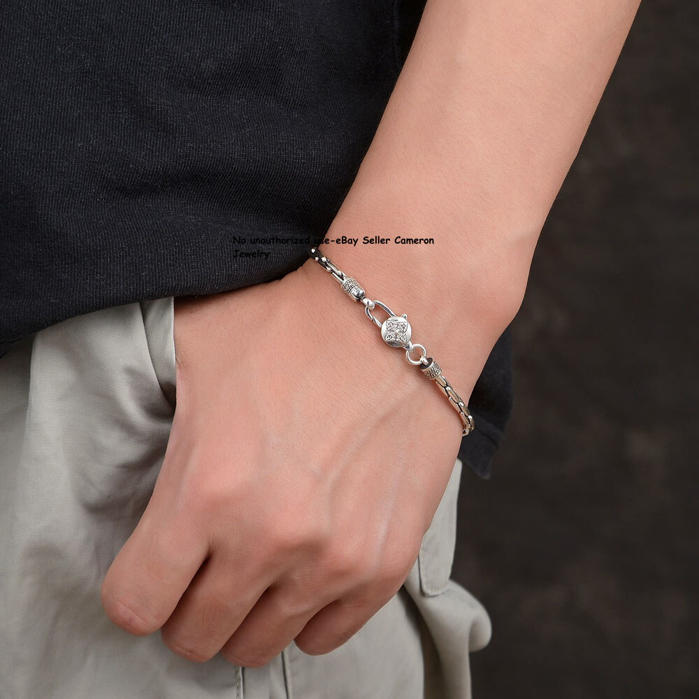 Solid S925 Sterling Silver Chain 3.5mm Vajra Bamboo Link Bracelet 6.3-8.7inch