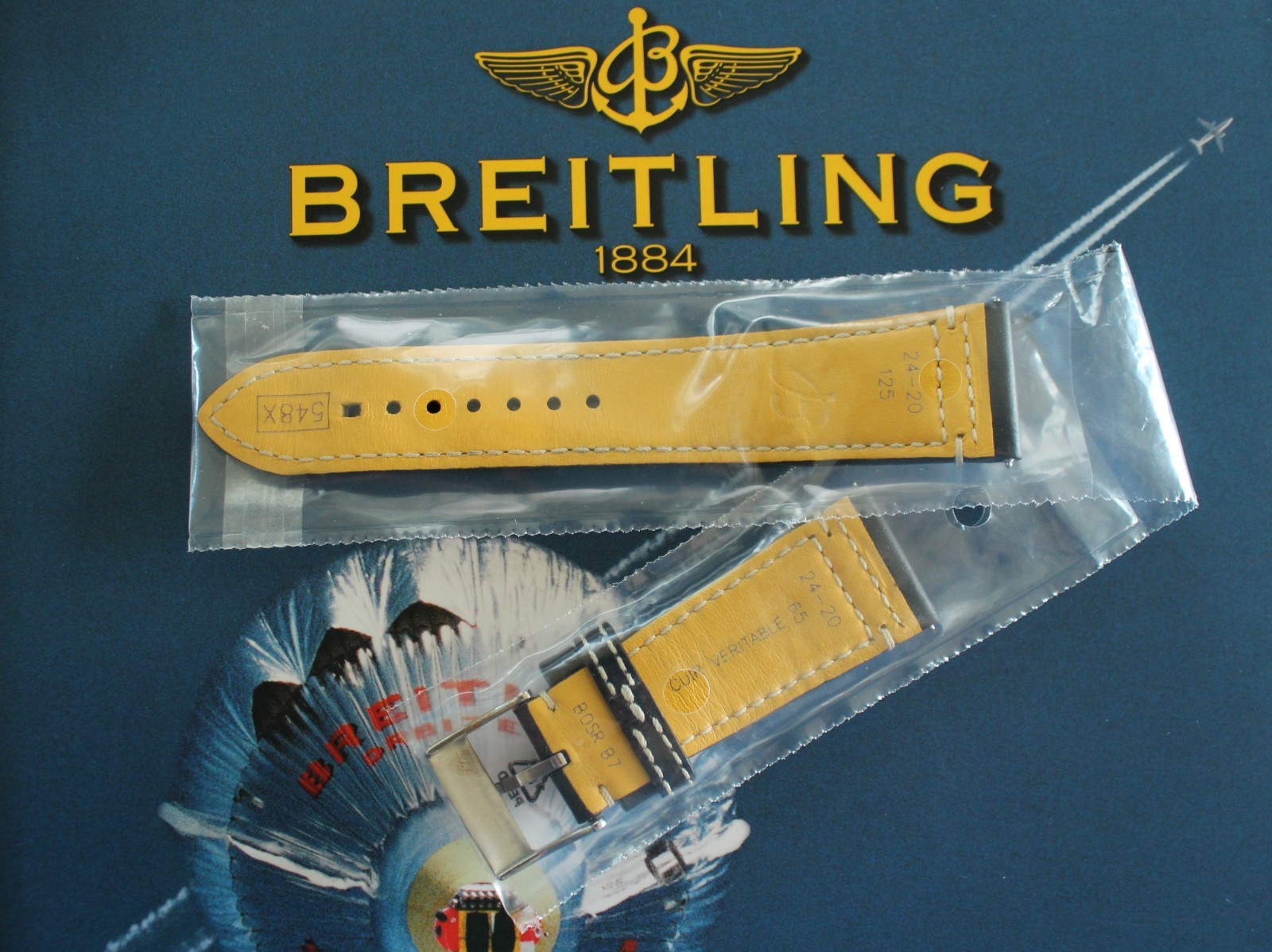 BREITLING 548X 24-20 BLACK AVIATOR TONGUE CALF BUCKLE WATCH BAND WATCHBAND STRAP