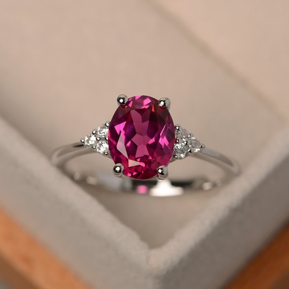 2.15 Ct Oval Cut Natural Ruby Diamond Wedding Ring 14K White Gold Size 7