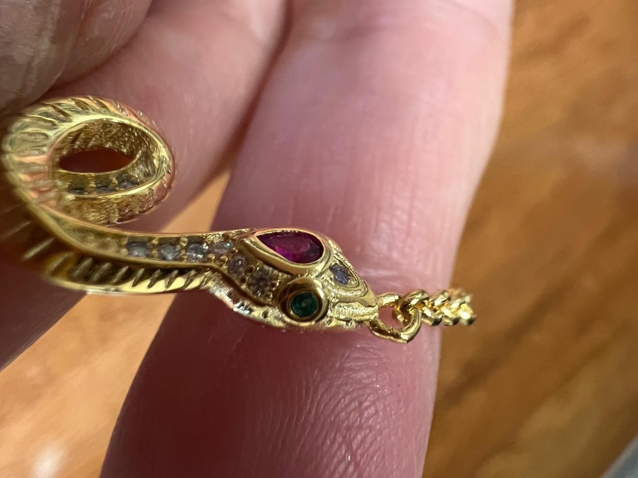 REAL 14K Y Gold on Solid 925 ruby diamond Snake Bracelet Victorian Egyptian Rev.