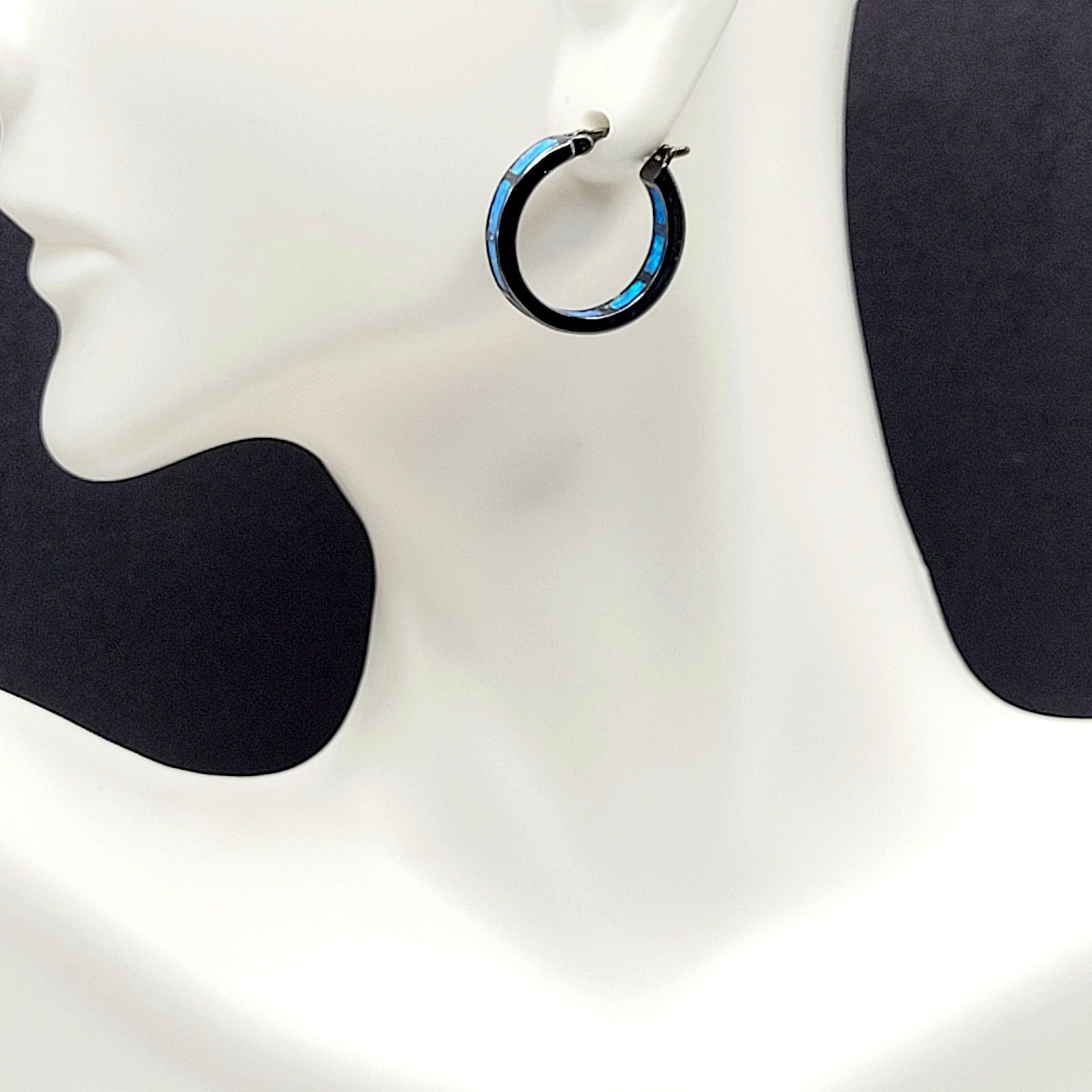 Blue Shade Opal Lab Created Inlay Dark Gunmetal Tone Small Hoop Pierced Earrings