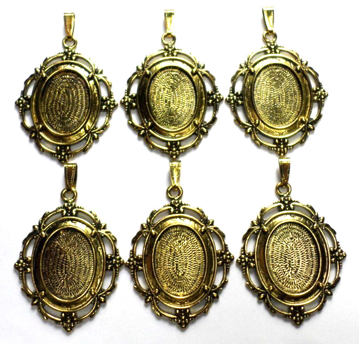 6 of 25x18mm Antique Gold Victorian Nouveau Cabochon Pendant Settings 54x40mm