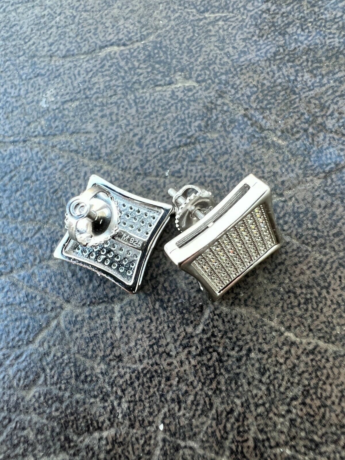 Real 925 Silver Iced CZ Screwback Square Kite Earrings 4mm-18mm Mens Ladies