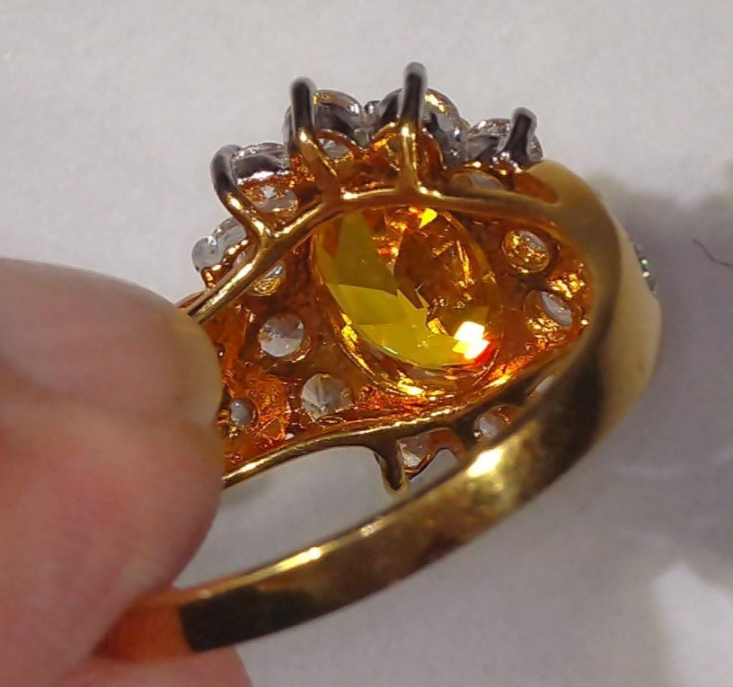 Vtg 18K Yellow Gold Plated Faux Citrine & Faux Diamond Cocktail Ring – Size 9.75