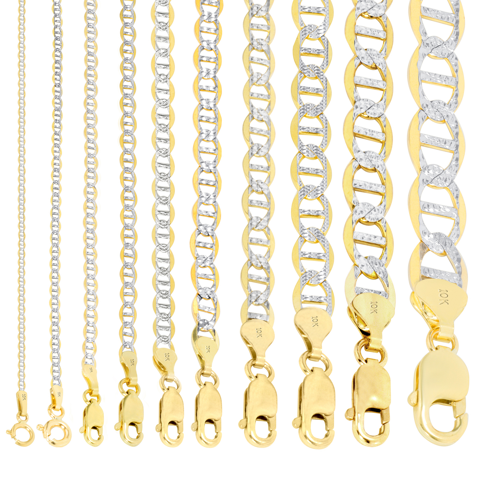 10K Yellow Gold 1.5mm-5mm Pave Dia/Cut Mariner Chain Necklace Bracelet 7″-30″