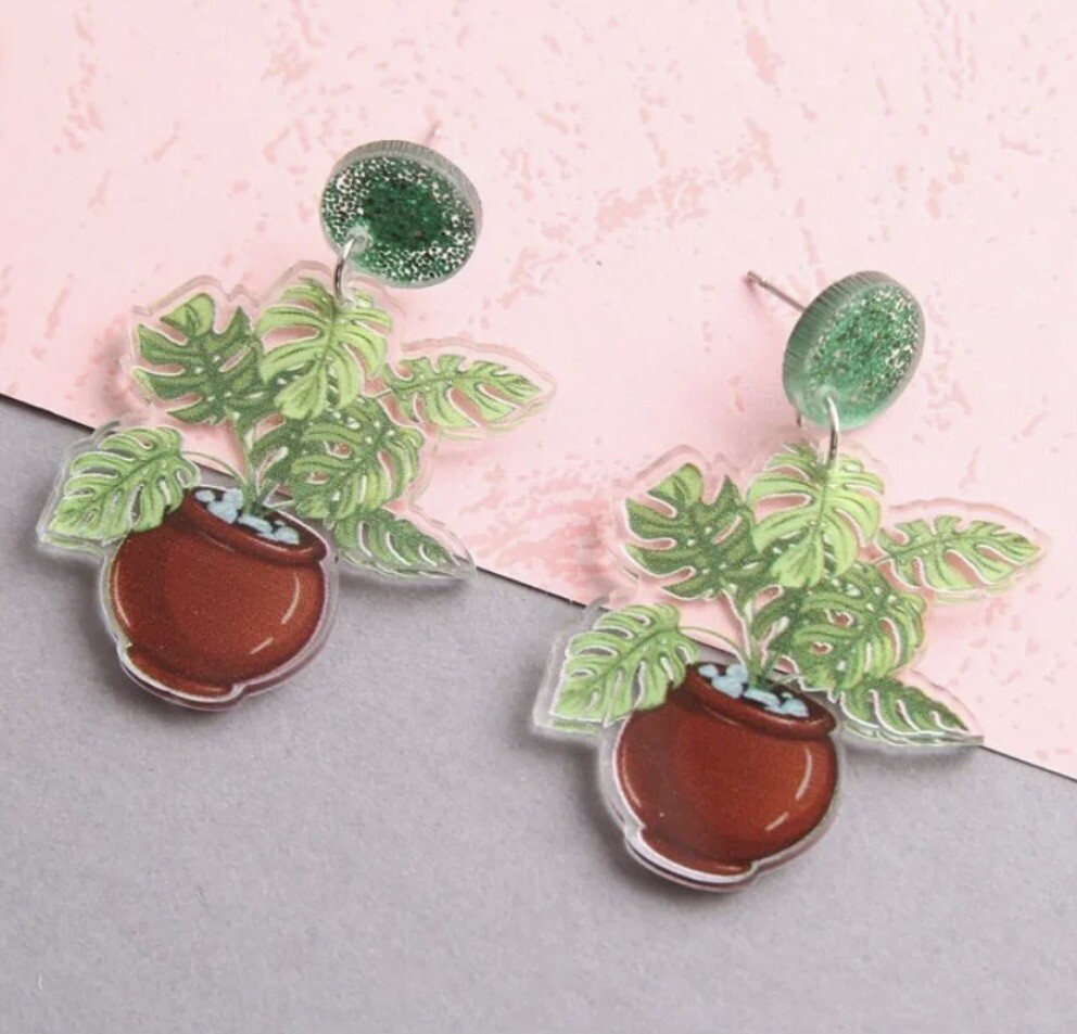 Monstera Leaf Potted Plant Earrings Acrylic Statement Jewelry Plant Lady NEW