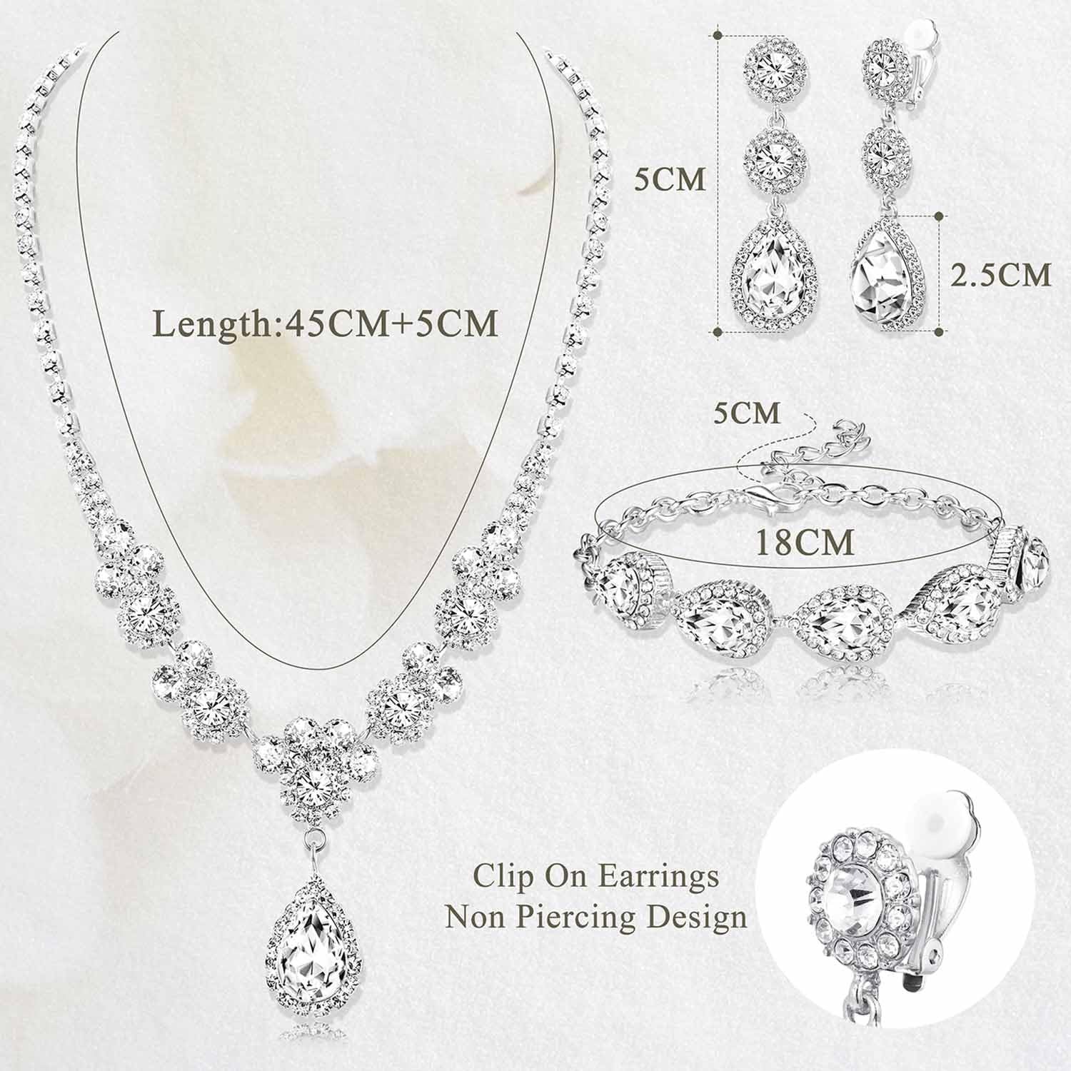 Rhinestone Bridal Jewelry Set Necklace Bracelet Clip on Earrings for Brides Brid