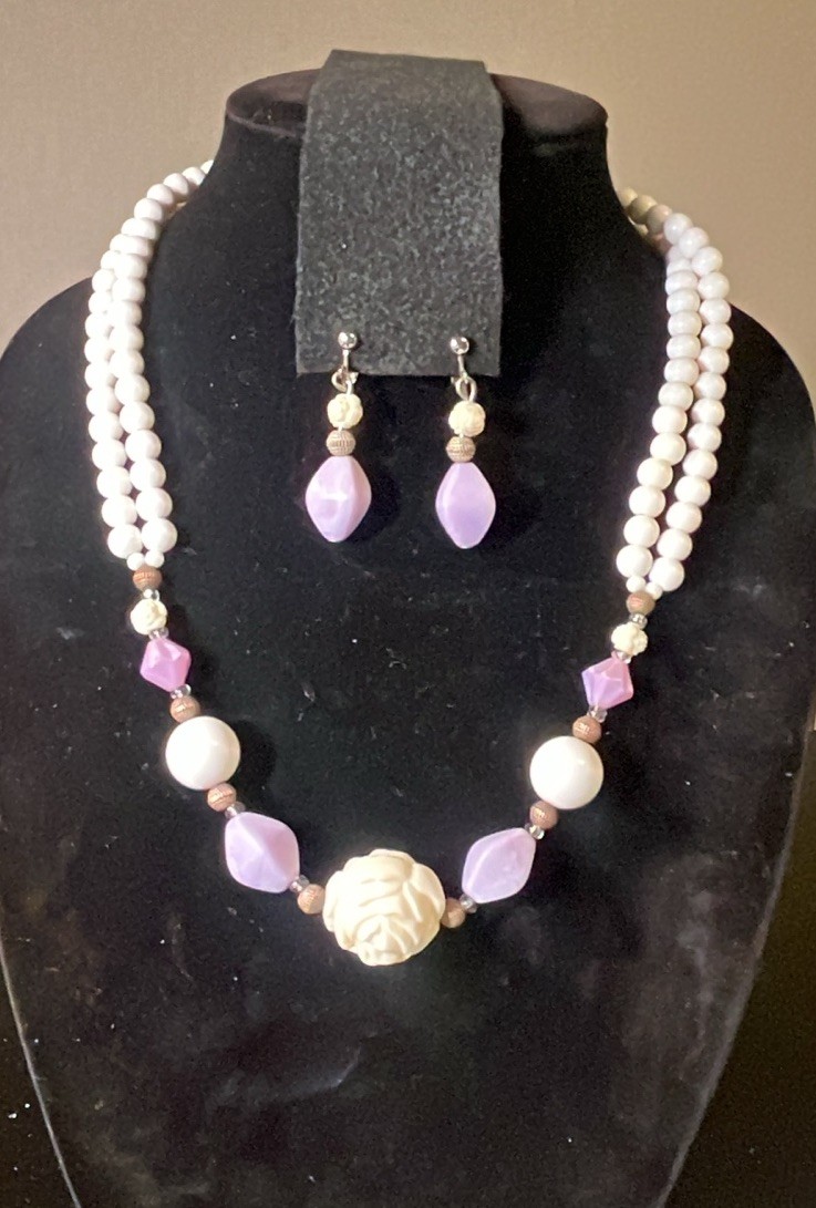 Vintage Lavender, White & Cream “carved” Flower Beaded Necklace & Earrings Set