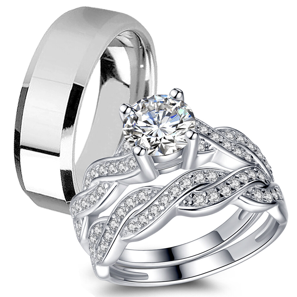 His Hers Infinity Wedding Ring Set Womens Sterling Silver Mens Stainless Steel