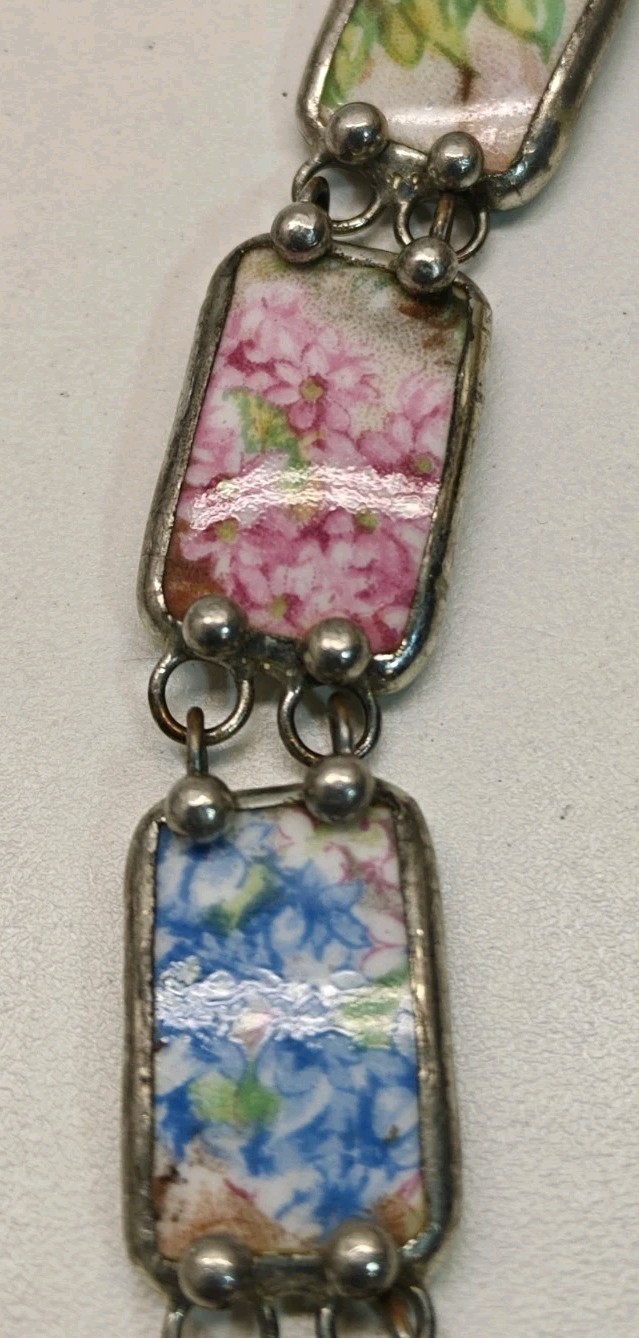 Custom Hand Soldered Artisan Broken China Chintz Bracelet 7.5 Inch