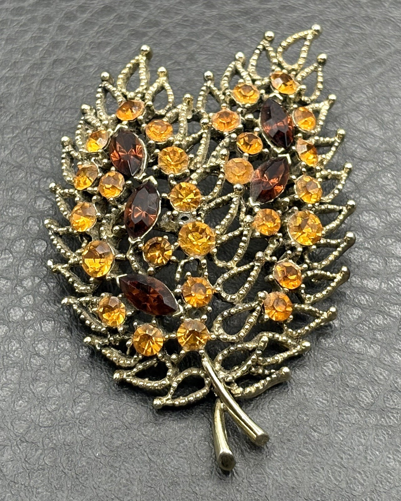 HUGE Vintage Leaf Filigree Faux Topaz Faux Citrine Rhinestone Crystal Brooch Pin