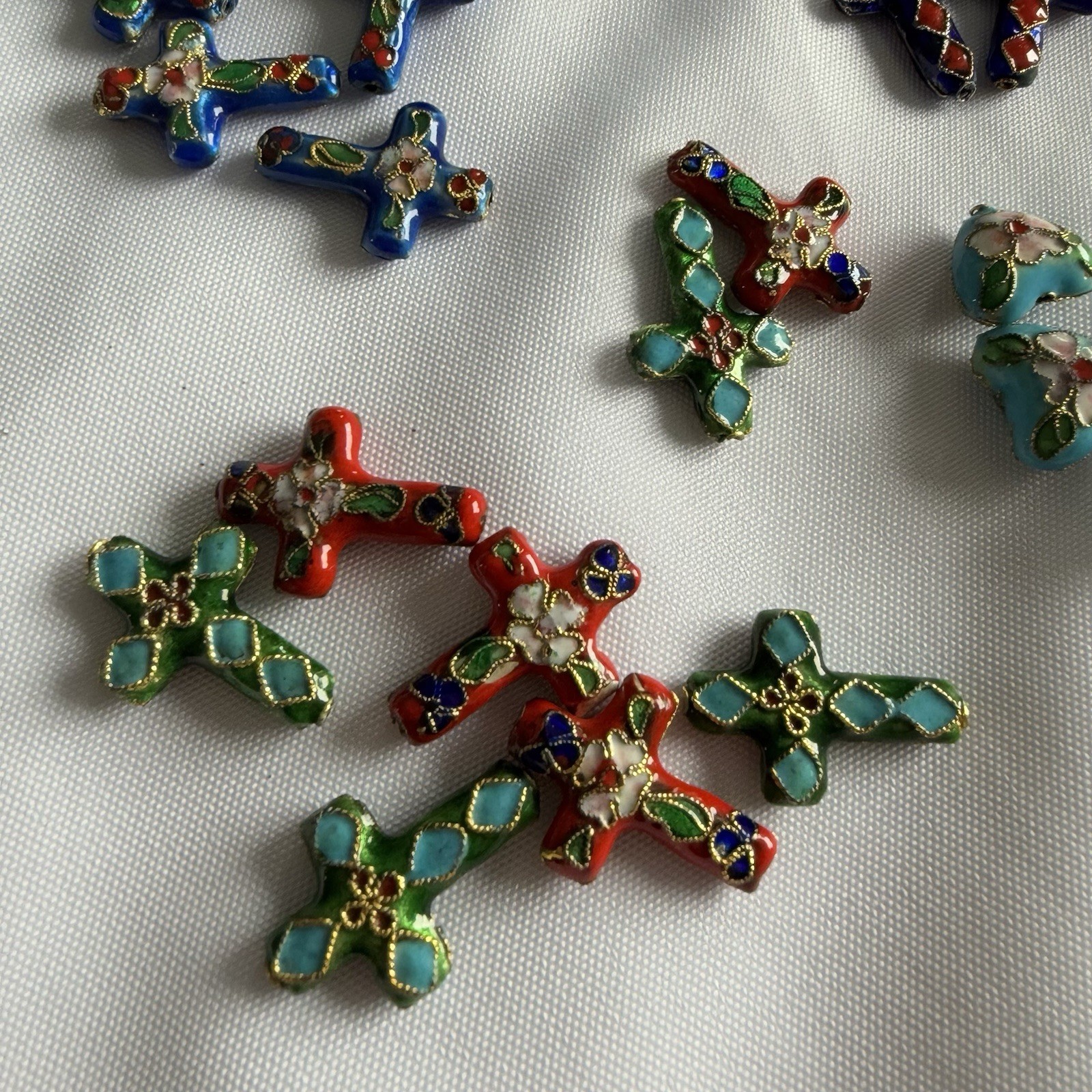 Cloisonne Cross & Heart Beads. 22 Total Beads. Approx. 19mm x 27mm Multicolor