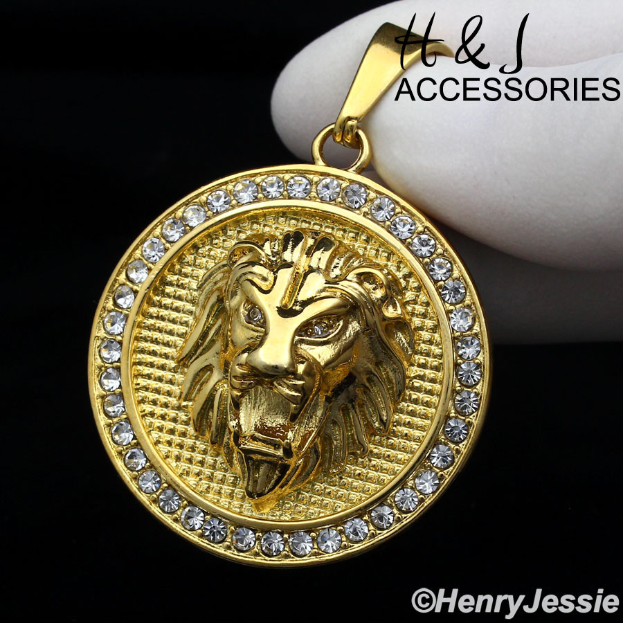 MEN Stainless Steel ICY CZ LION KING FACE 3D Gold Plated Round Pendant*AGP109
