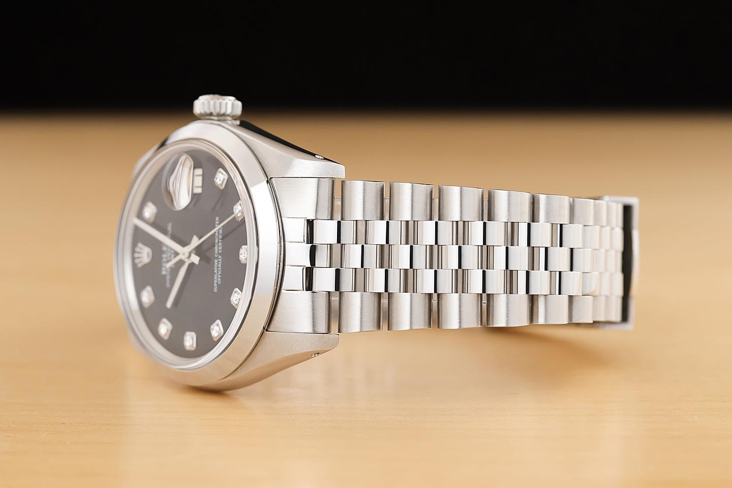 ROLEX OYSTER PERPETUAL DATE 1500 BLACK DIAMOND DIAL STAINLESS STEEL 34MM WATCH