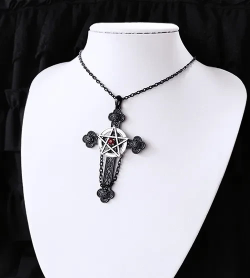 Gothic Satanic Cross Pentagram Necklace Dark Witchy Emo Punk Pagan Jewelry Gift