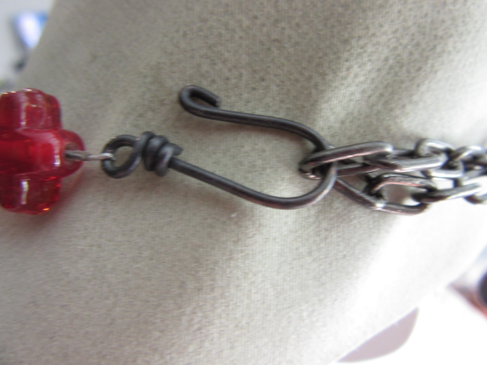 Black , Red and Smokey Art glass beaded necklace with hook clasp – 16″-23″ long