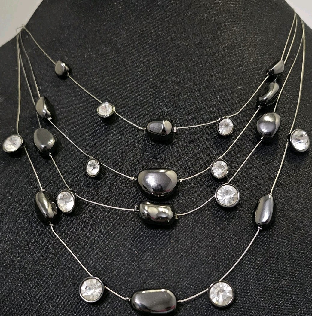 Chicos Multi Strand Illusion Necklace Black Metallic Beads Clear Rhinestones Wow