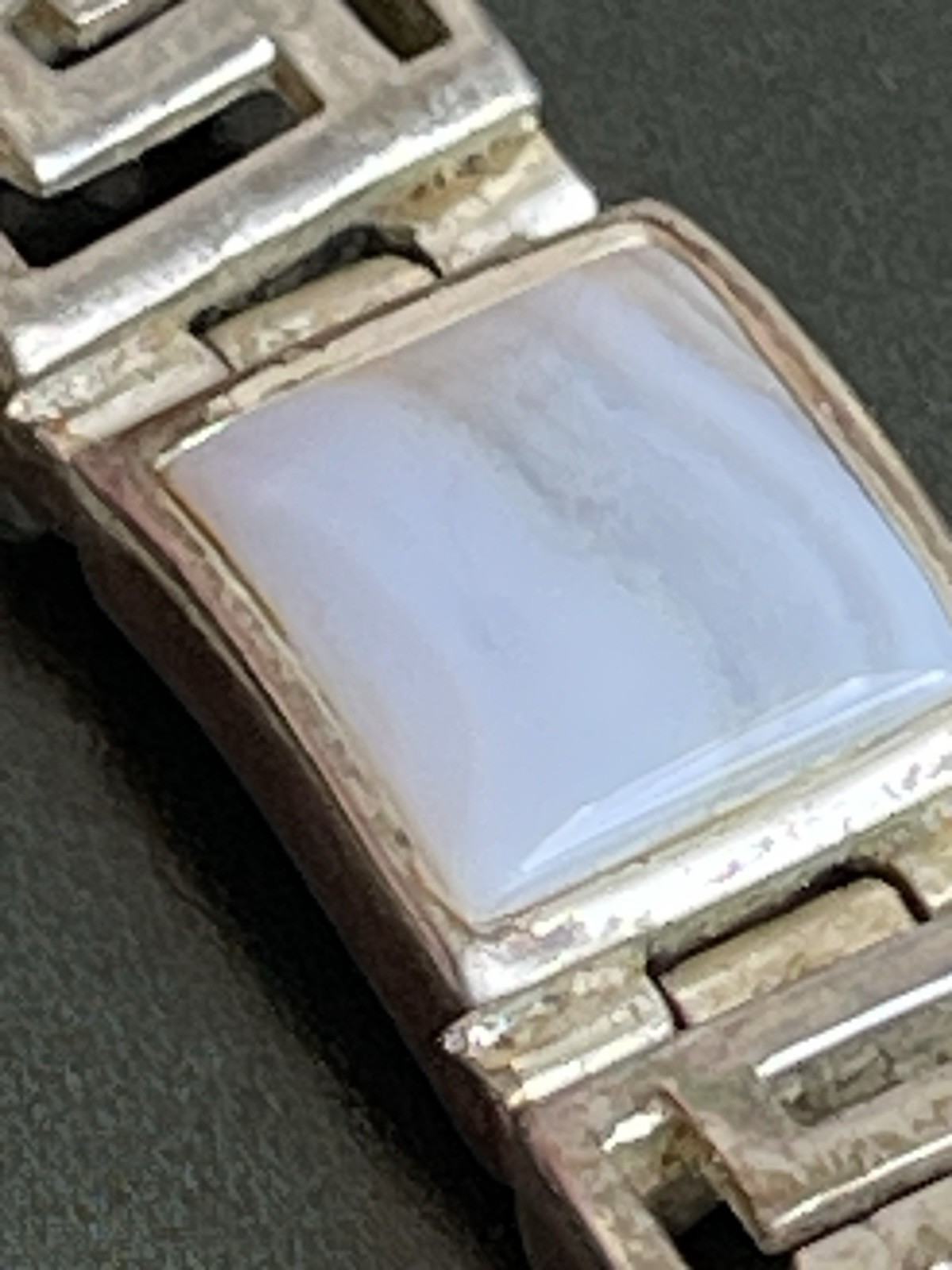 Vintage sterling silver 925 Greek key link bracewith white chalcedony panels