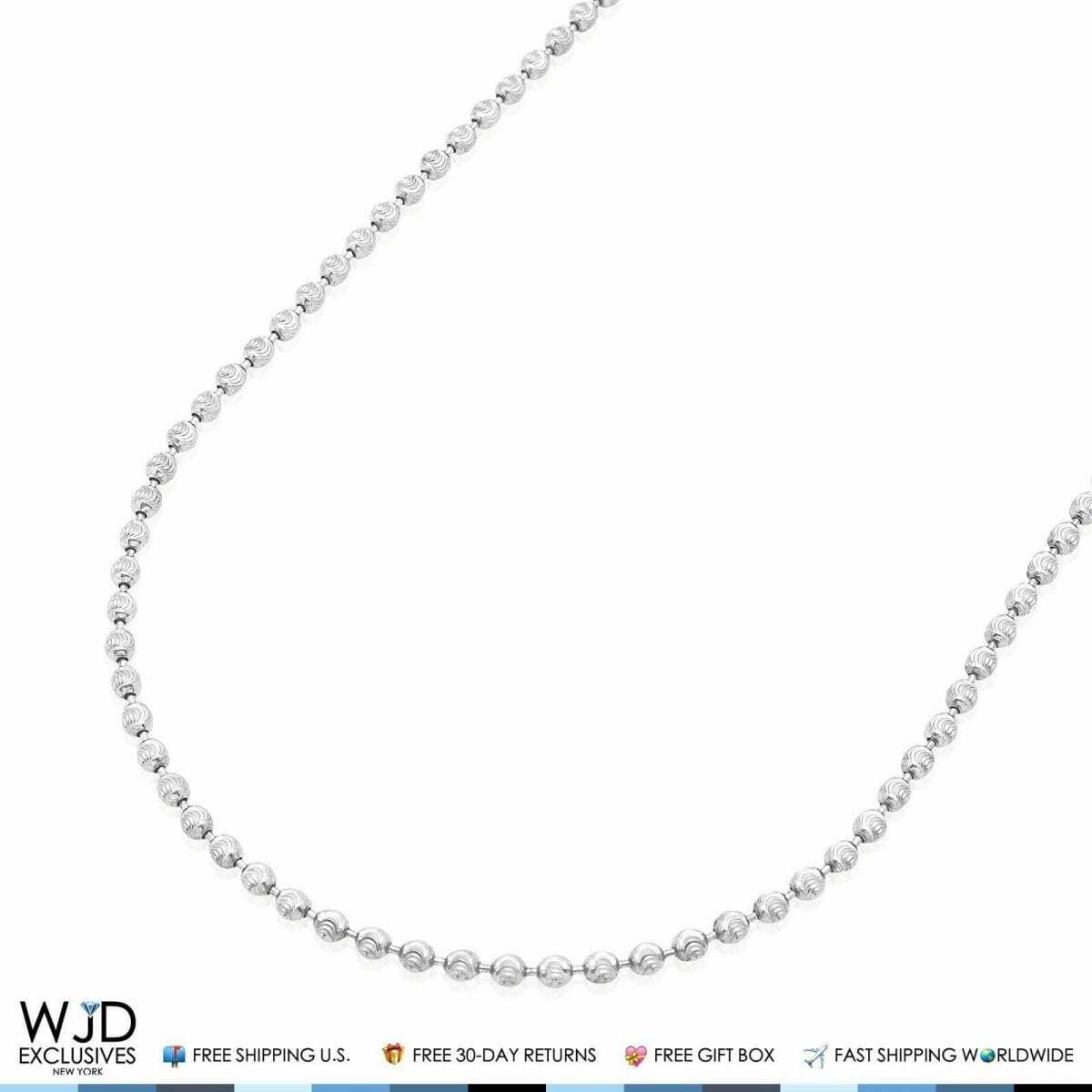 925 Sterling Silver 2mm Moon Cut Bead Ball Chain Necklace 22″