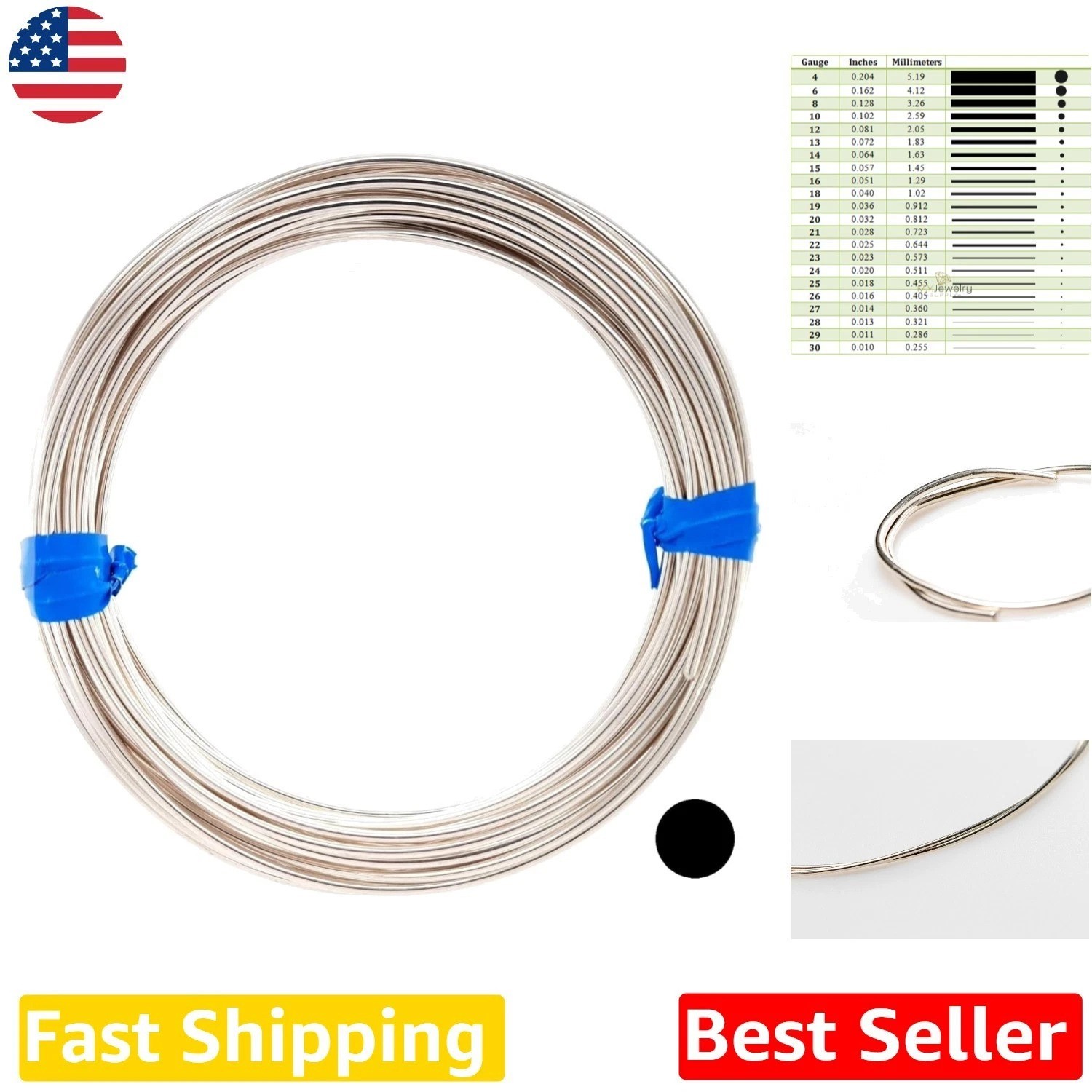12 Gauge 925 Sterling Silver Half Hard Wire – 1 Foot Polished Coil