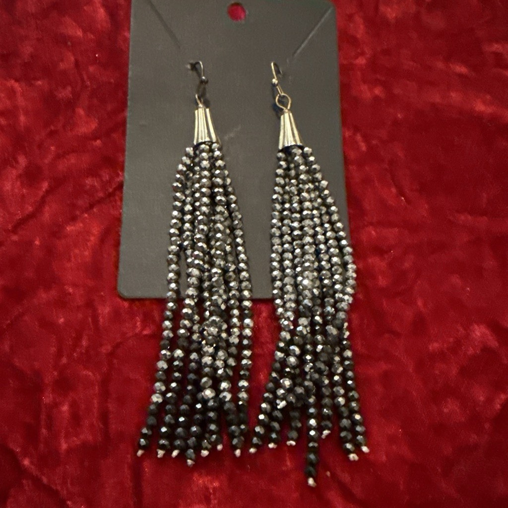 Black Silver Glass Beaded Tassel Dangle Drop Hook Earrings, Bohemian, No Stone