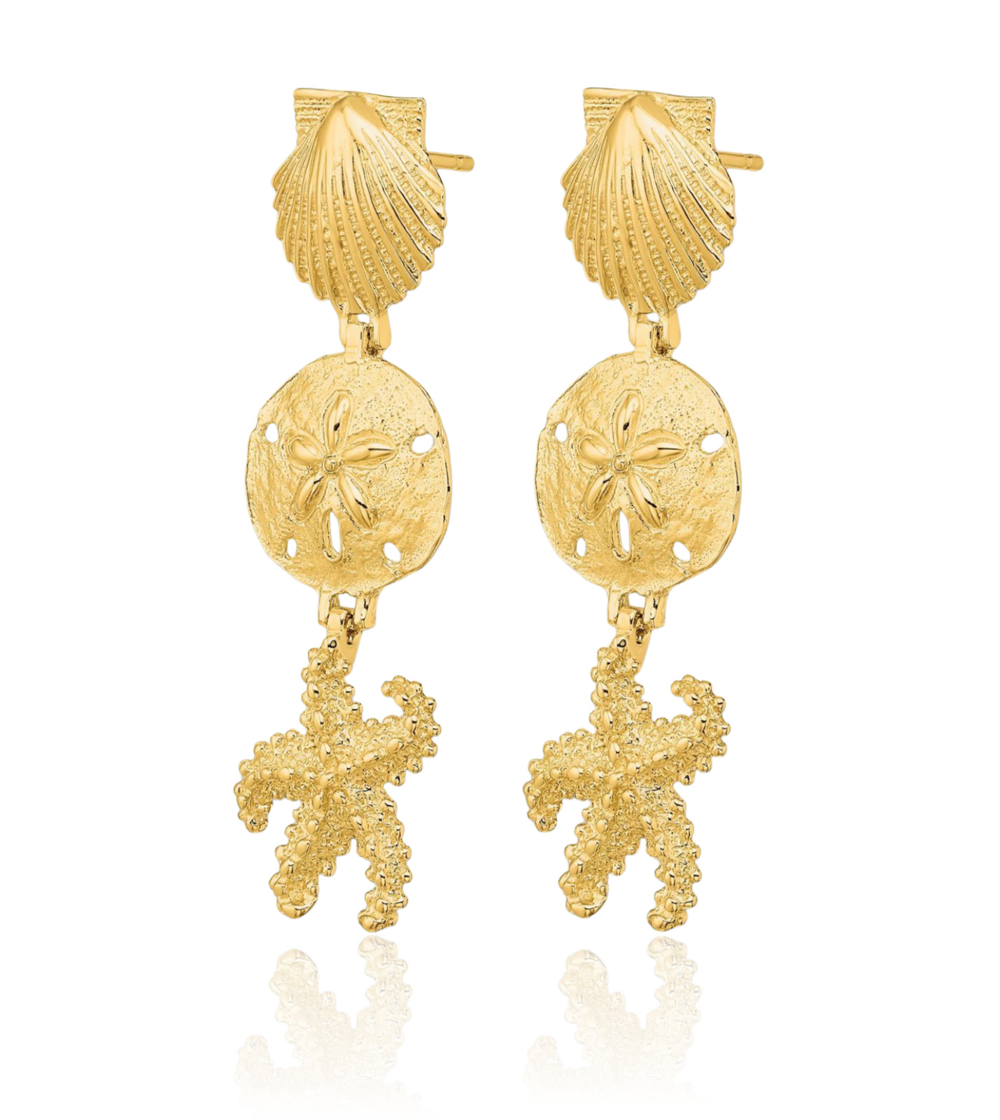 14K Solid Yellow Gold Medium Shell Sand Dollar Starfish Dangle Earrings 37.4mm