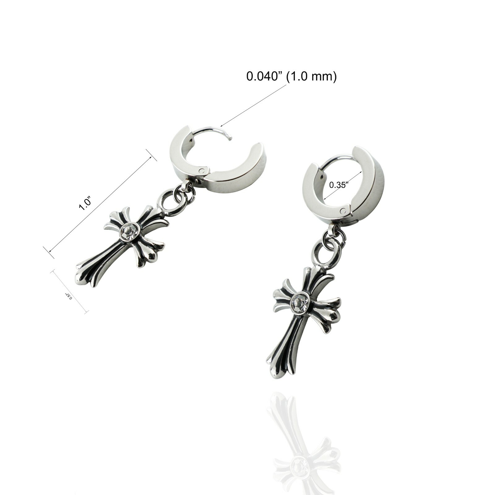 Stainless Steel Chrome CZ CH Cross Circle Huggie Hoop Dangle Drop Stud Earrings