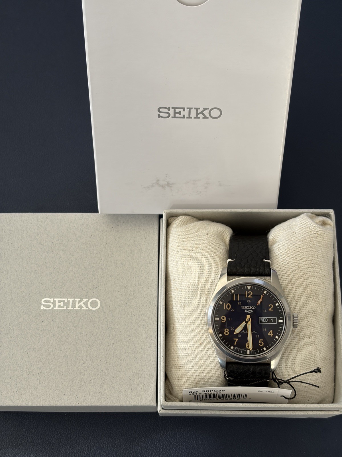 Seiko 5 Sports Day-Date Automatic 39.4 MM SS Leather Band Blue Watch SRPG39K1