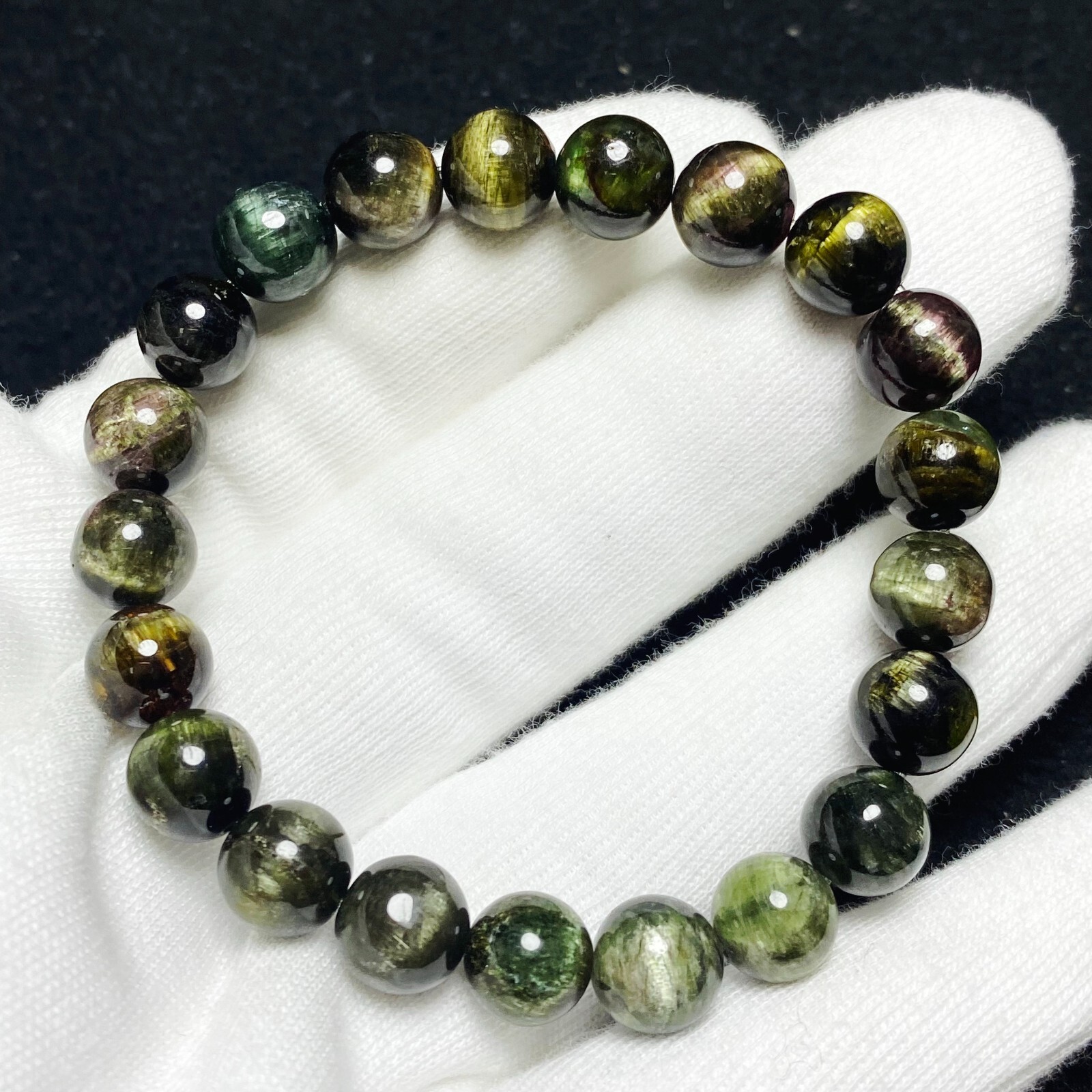 9.2mm Natural Color Tourmaline Cat’s Eye Quartz Crystal Beads Bracelet C1487