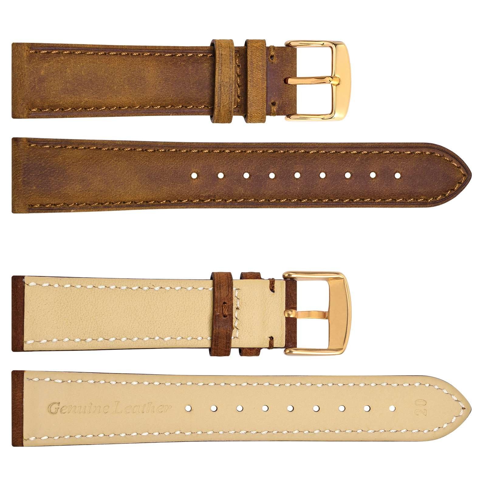 18mm Genuine Leather Watch Band with Gold Buckle (Caramel Brown)