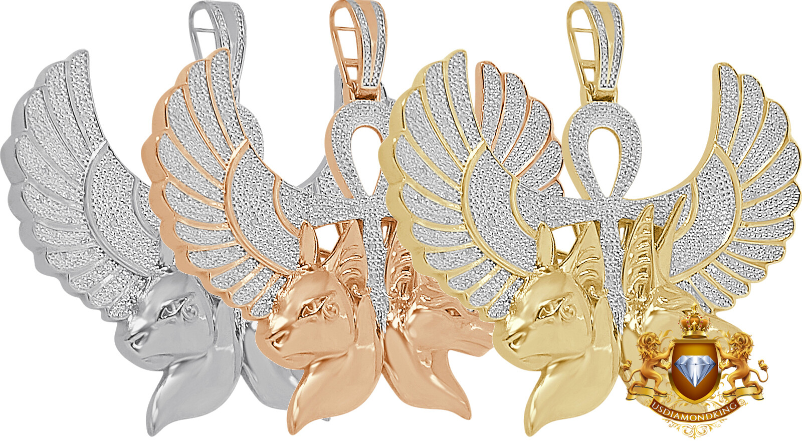 Real Diamond Egyptian God Flying Twins Anubis Ankh Cross Pharaoh Charm Pendent