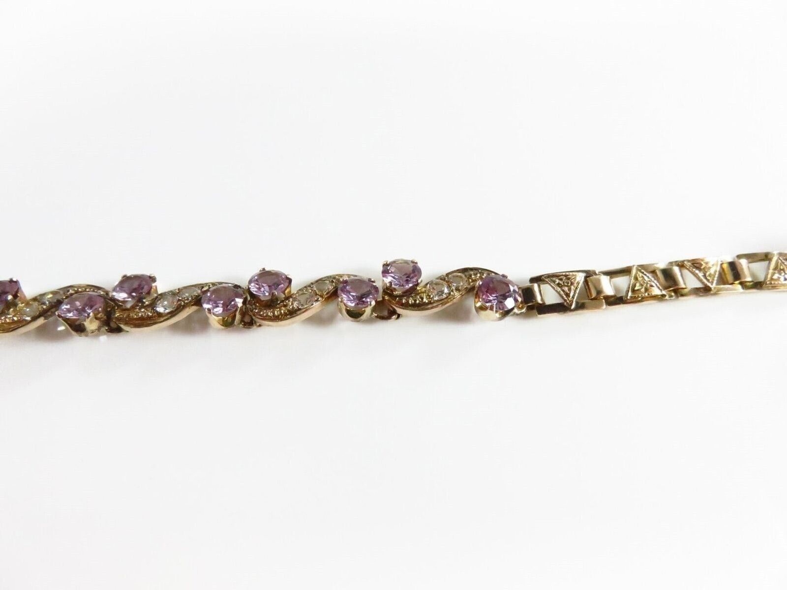Vintage 9K Gold Lab Created Purple Sapphire & Quartz Bracelet 7″ Length