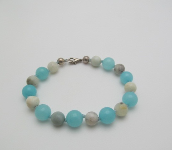 Blue Amazonite Natural Stone Knotted Ball 9.5mm Silver Tone Bracelet 8.25 In