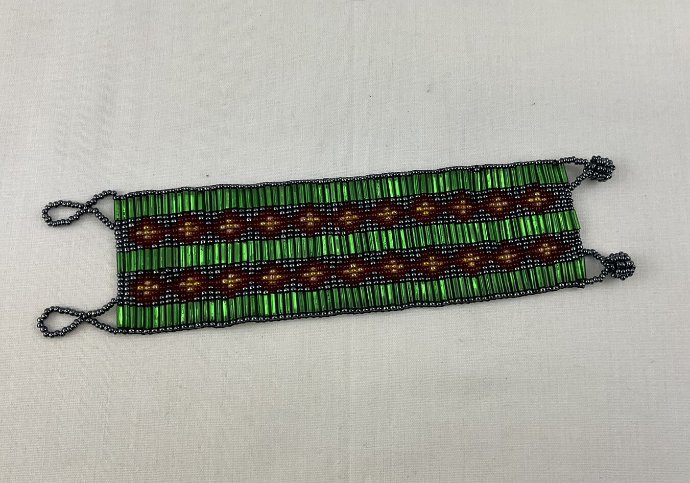 Glass Beaded Bracelet Aztec Style Black Gold Green Red L 7-1/2” x W2”