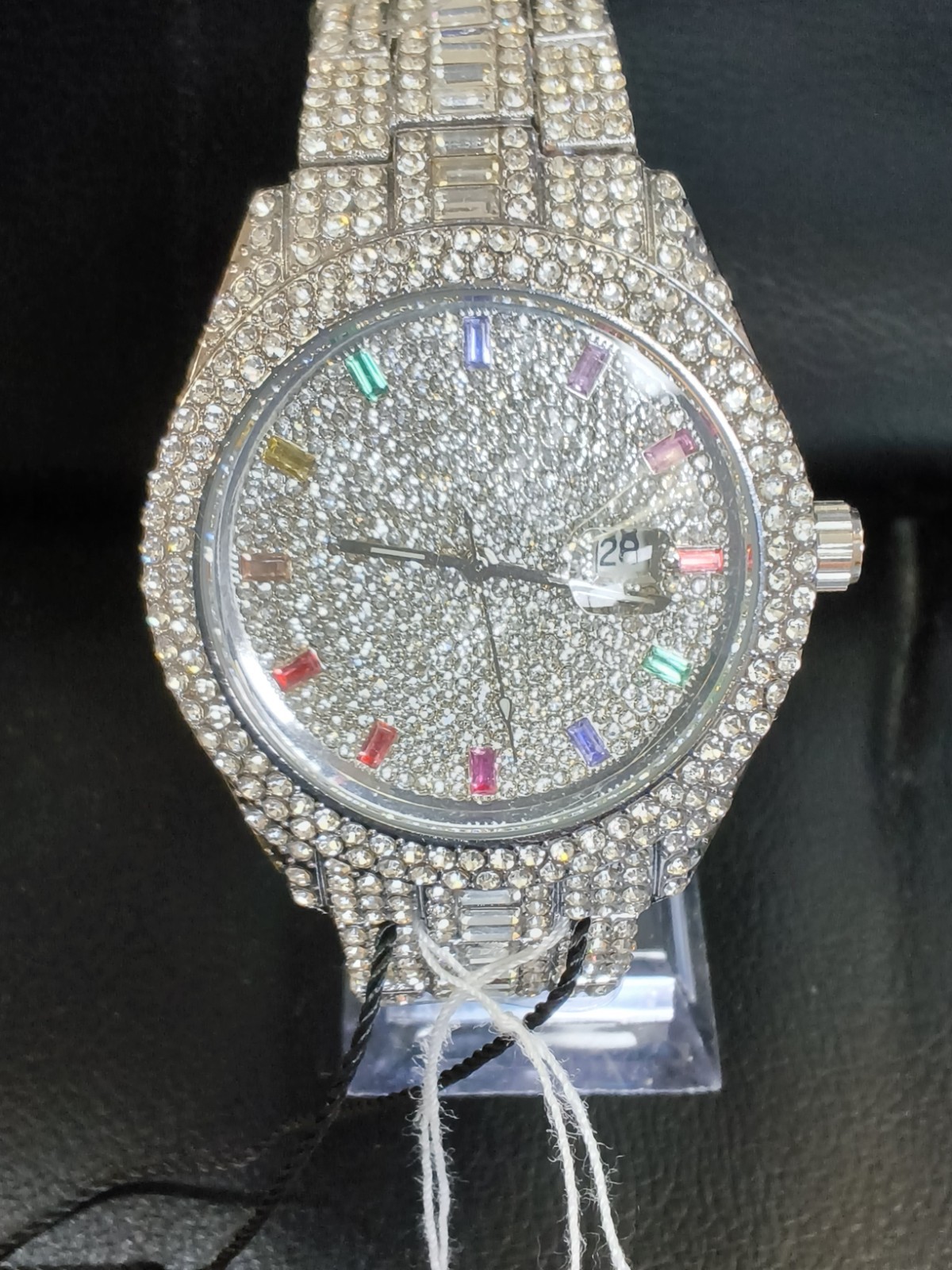 AJ Quality Watches Silver Tone Iced Out Rainbow Crystal 42mm Date Watch…