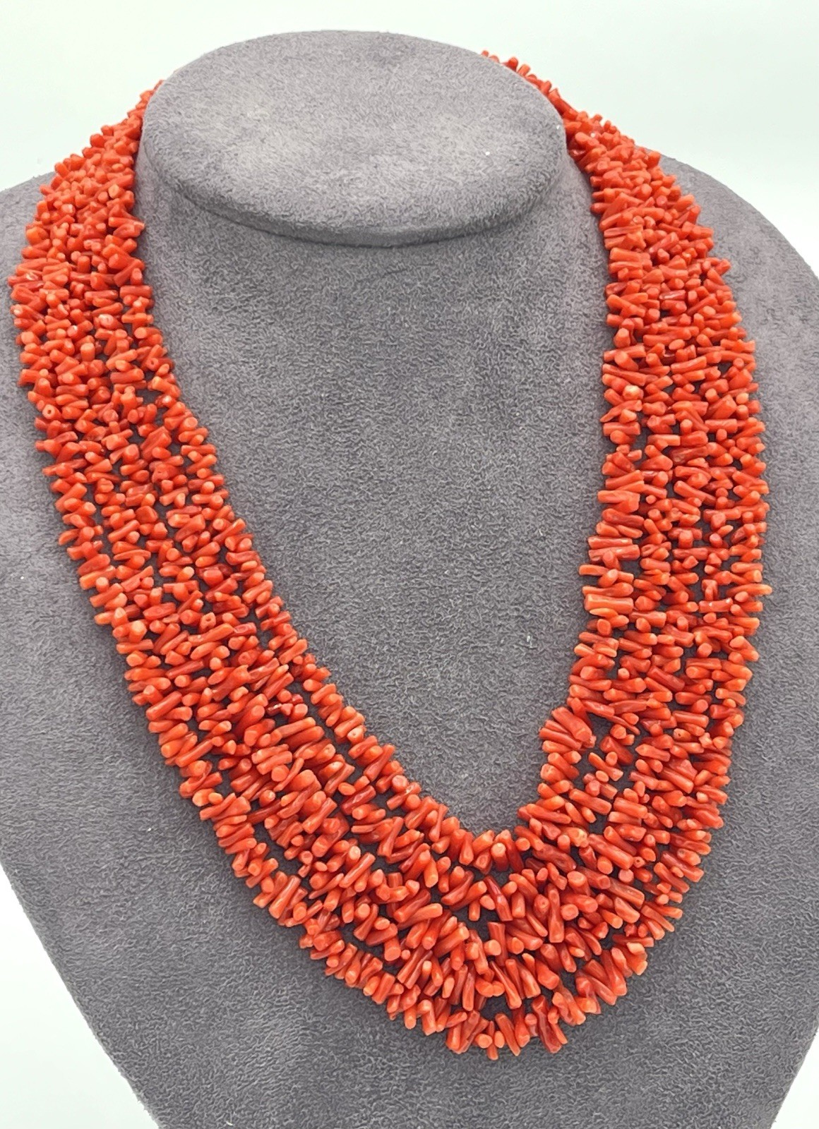 Natural Mediterranean Red Coral Necklace 5 Strands Domes 45-65cm Silver