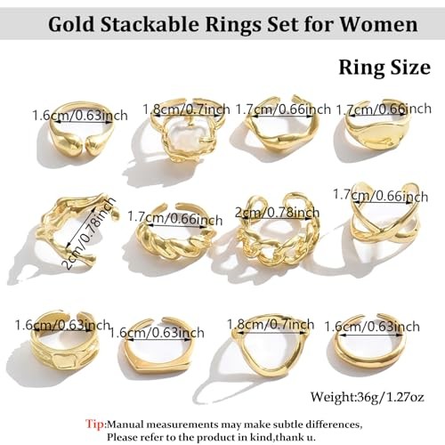 Chunky Stackable Rings Set for Women Non Tarnish Adjustable Open A-12pcs