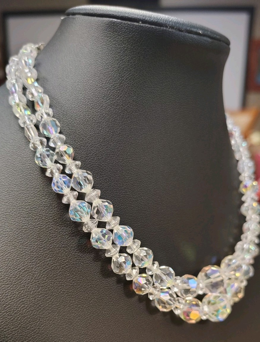 Beautiful Vintage Aurora Borealis Double Strand Necklace With Hook Closure 14 In