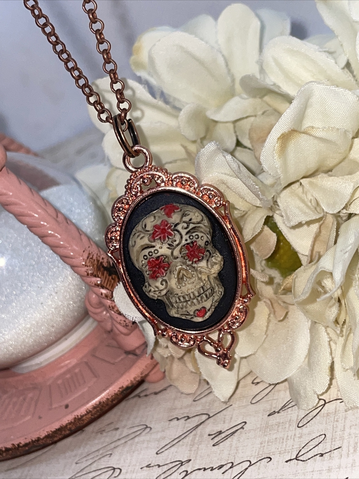 Sugar Skull Gothic Heart Wedding Rose Gold Party Birthday gift necklace Cameo