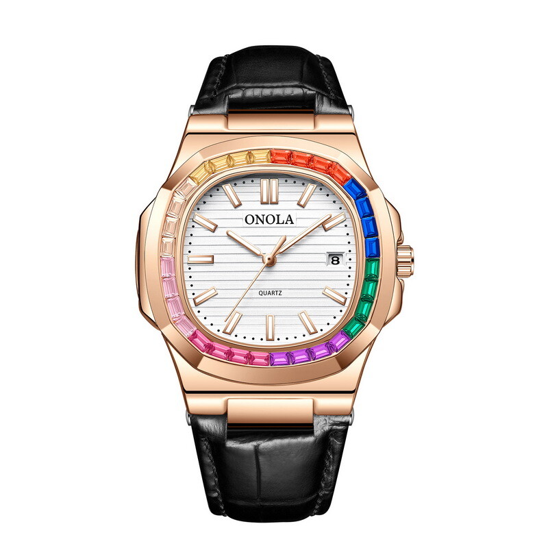 ONOLA Rainbow Leather Casual Business Calendar Waterproof Luminous Quartz Watch
