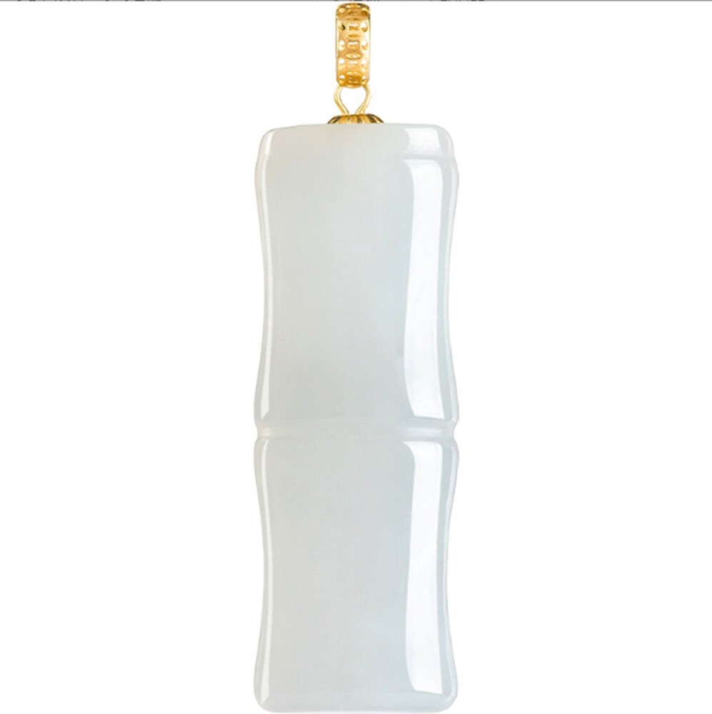 Certified White Natural AAA HeTian Jade 18K Solid Gold Bamboo Pendant Necklace
